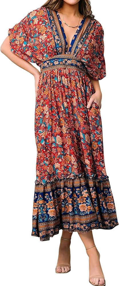 R.Vivimos Women's Summer Boho Floral Print Midi Dress Short Sleeve Deep V Neck Empire Waist Flowy Beach Dress with Pockets