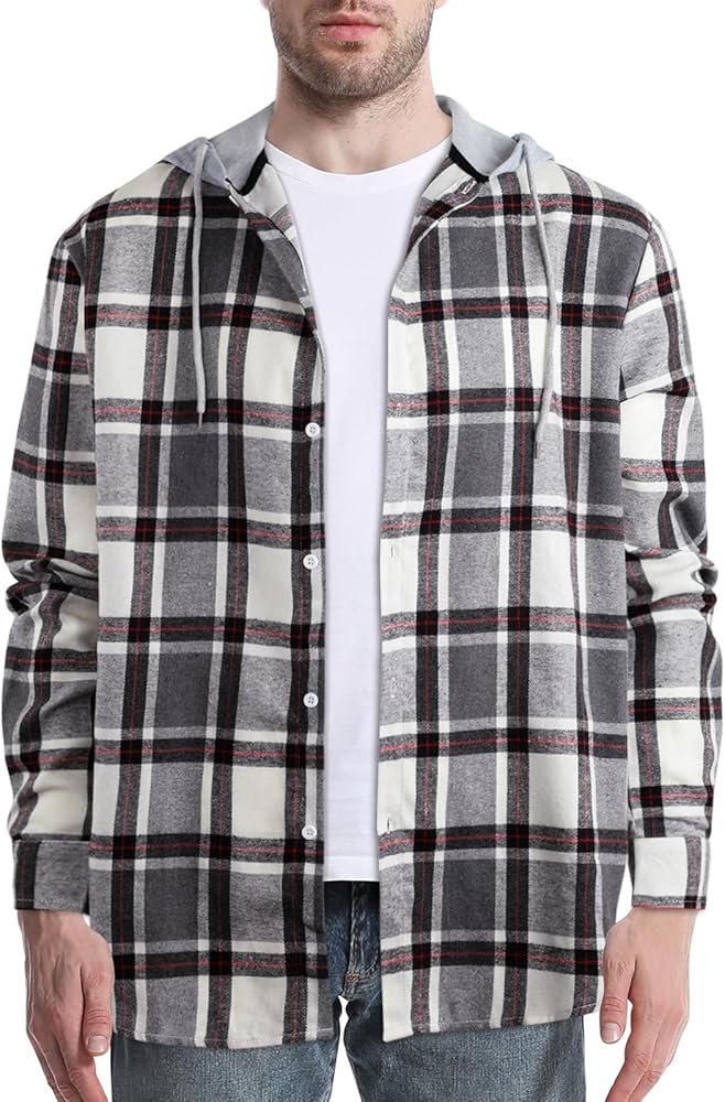 Sumolux Mens Plaid Hooded Shirts Cotton Casual Long Sleeve Lightweight Shirt Jackets