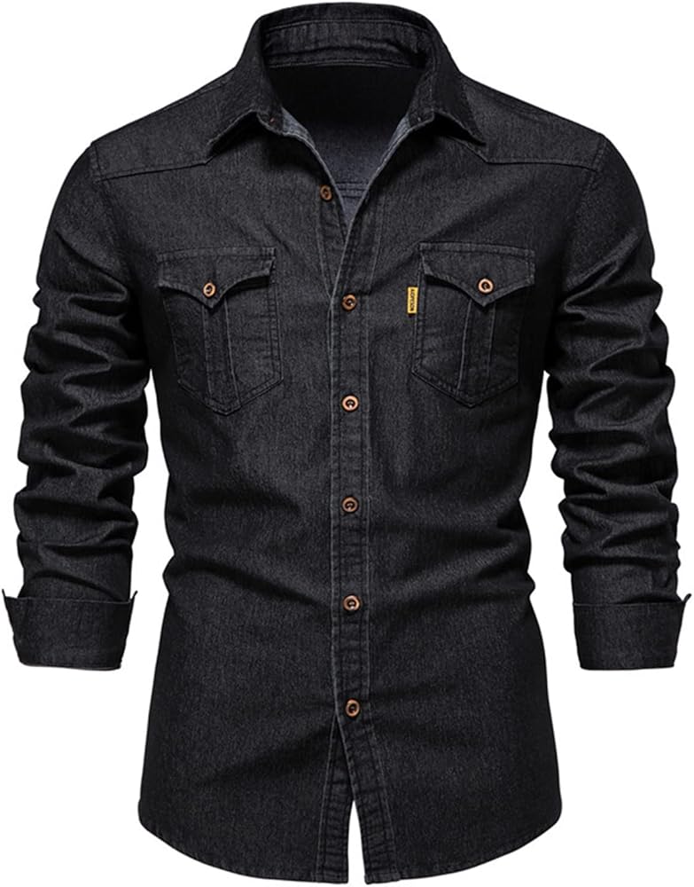 Mens Button Down Denim Shirt Long Sleeve Lapel Jean Shirt Casual Slim Fit Washed Denim Shirts with Chest Pockets