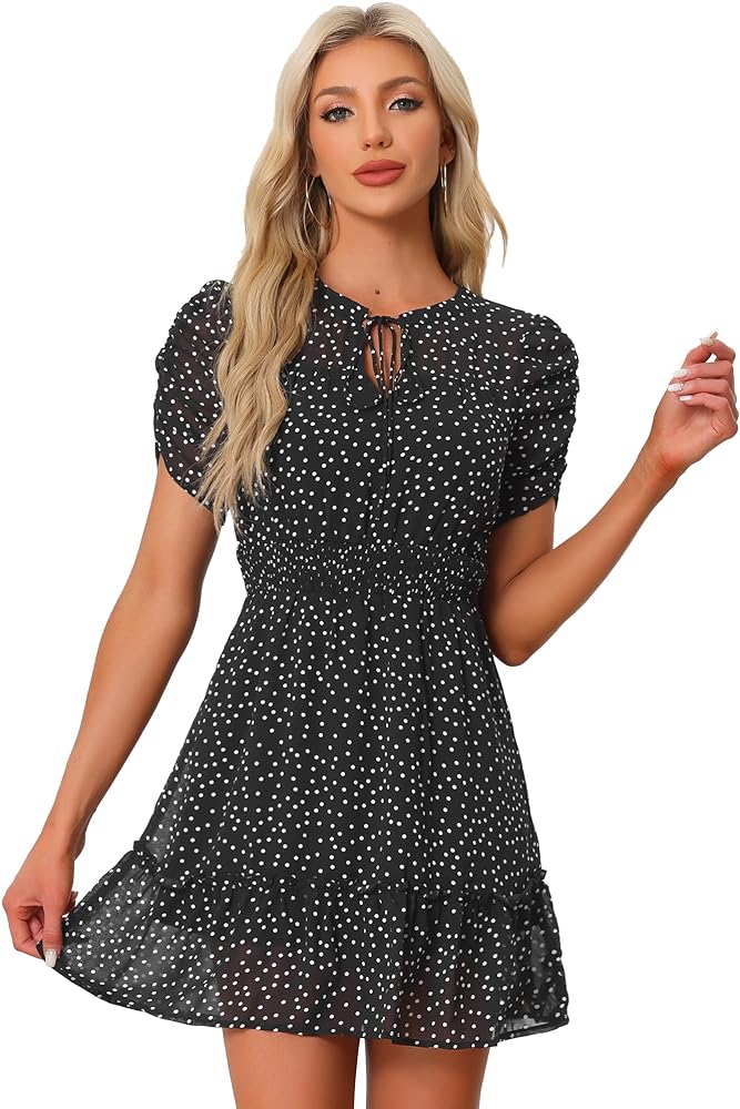 Allegra K Women's Polka dots Dress Sheer Sleeves Bow Tie Neck 2024 Summer Smocked Waist Swing Ruffle Mini Dress