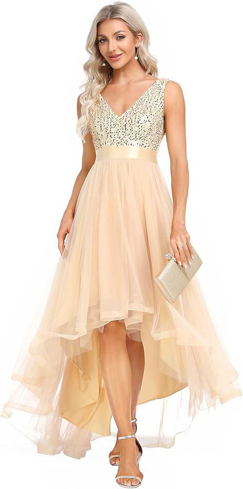 Ever-Pretty Women's Cocktail Dress Double V-Neck Sleeveless Empire Waist Sequin High Low Tulle Formal Dress 0147A