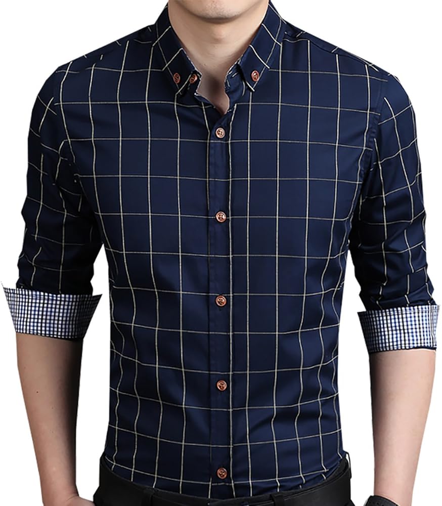 LOCALMODE Men's 100% Cotton Long Sleeve Plaid Slim Fit Button Down Dress Shirt