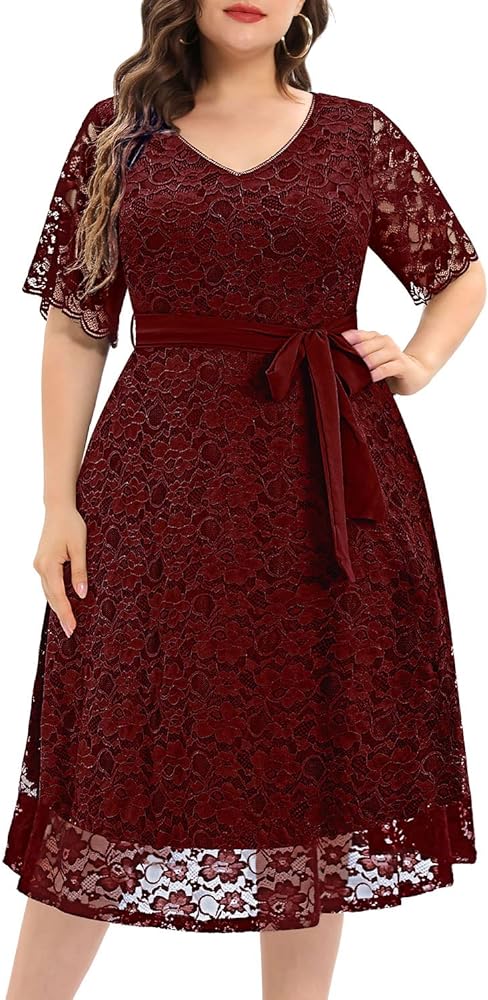 Women Plus Size Lace Bridal Shower Wedding Guest Cocktail Semi Formal V Neck Short Sleeve Midi Dresses