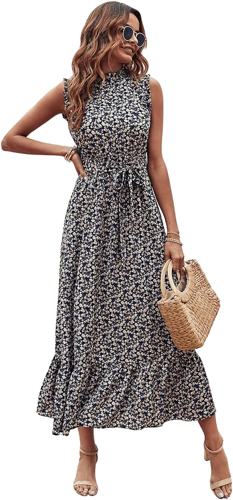 SweatyRocks Women's Floral Sleeveless Ruffle Hem A Line Midi Dress Mock Neck Belted Dresses