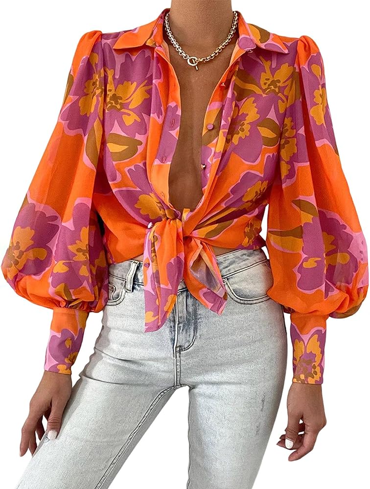 BTFBM Women Fashion Button Down Shirts Lapel V Neck Printed Boho Long Sleeve Blouses Dressy Casual Summer Spring Tops