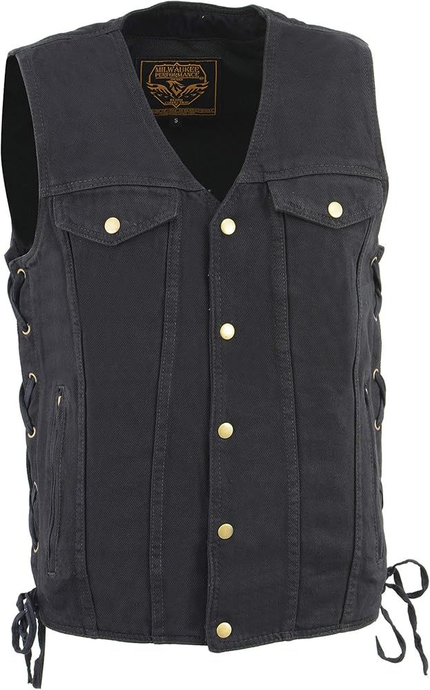 Milwaukee Leather Men's Black Side Lace Denim Vest w/Chest Pockets DM1360 (US, Alpha, X-Large, Regular, Regular, Black)