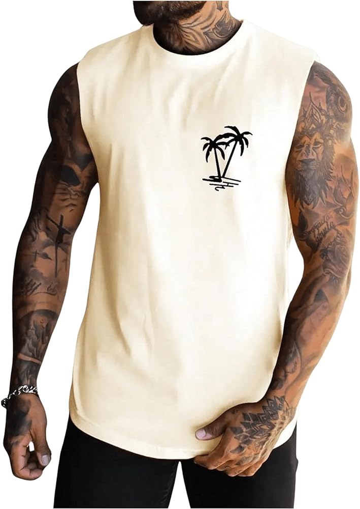 GORGLITTER Men's Workout Tank Top Coconut Tree Print Sleeveless Muscle Athletic Tank Tops