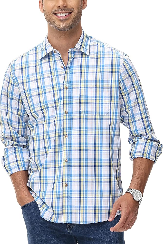 MCEDAR Regular Fit Casual Plaid Shirt for Men Cotton Long Sleeve Button Down Checked Shirts with Pocket