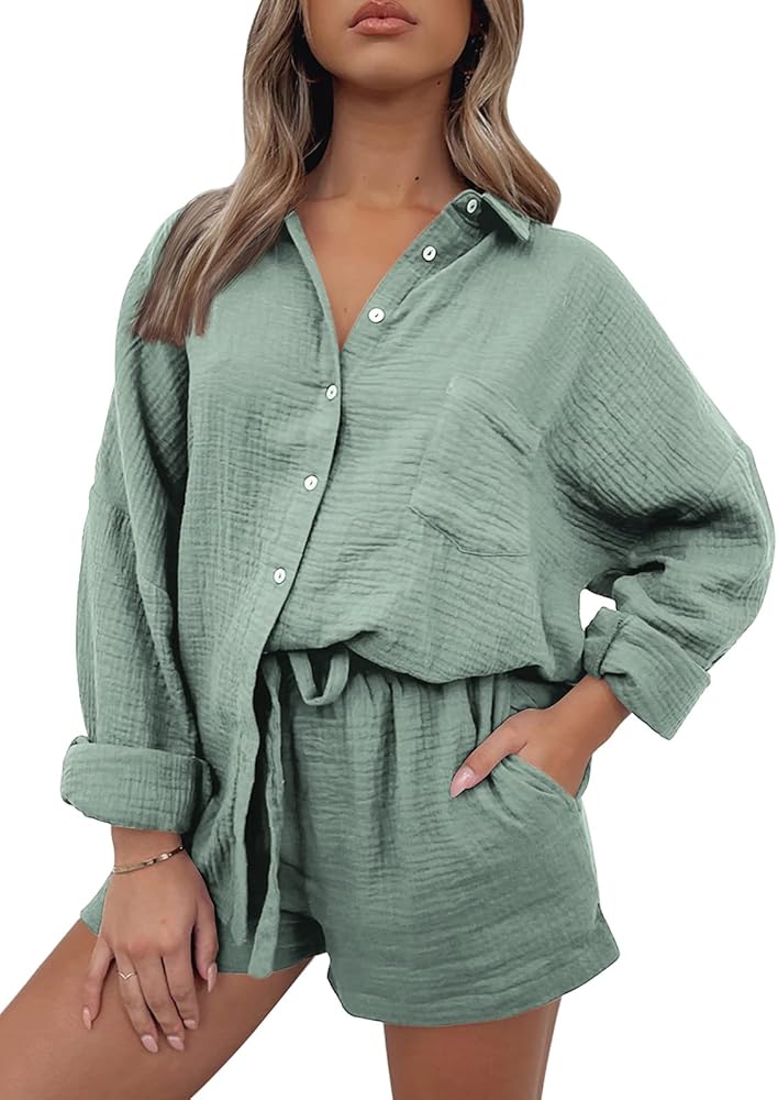 Trendy Queen 2 Piece Sets Lounge Sets Summer Outfits Button Down Oversized Shirts And Shorts Tracksuit