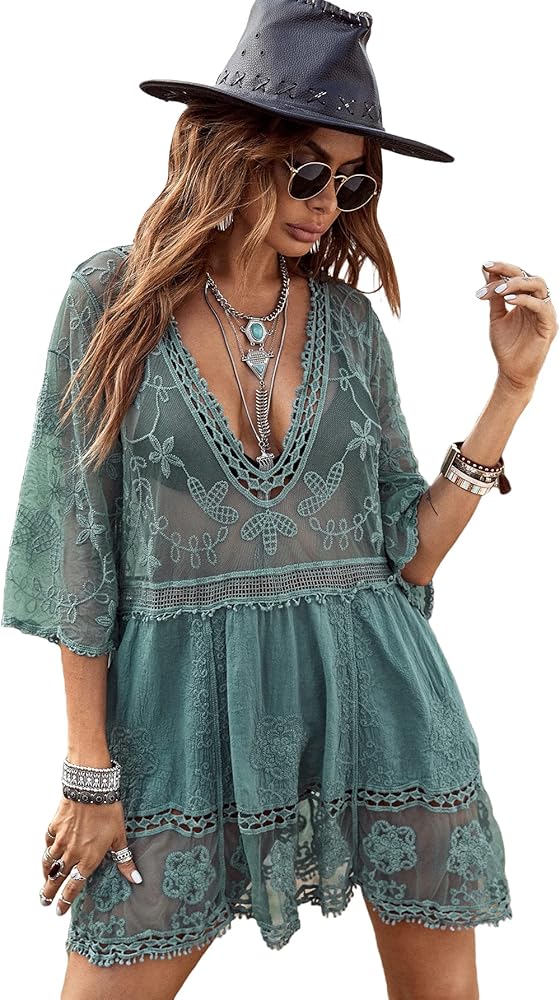 MakeMeChic Women's Short Sleeve Plunging Beach Cover Up Dress Swimsuit Cover Up