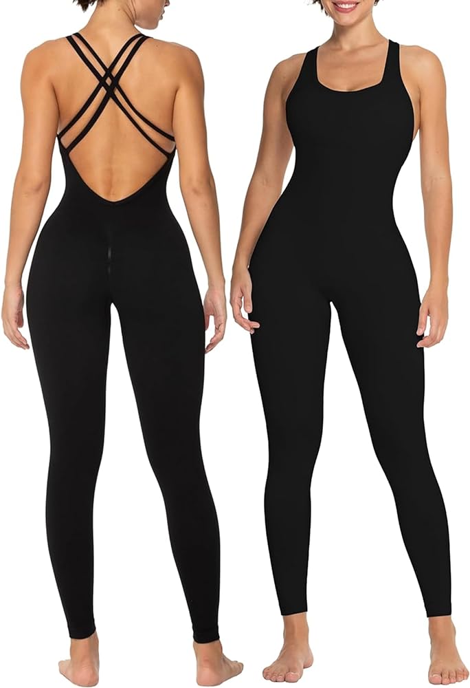 Sunzel Jumpsuits for Women Backless, Seamless Workout One Piece Bodycon Romper Scoop Neck, Butt Scrunch Leggings Unitard