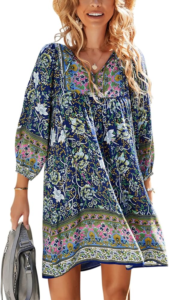 TEMOFON Women's Boho Mini Dress: Summer Floral 3/4 Long Sleeve V Neck Flowy Loose Casual Beach Dresses