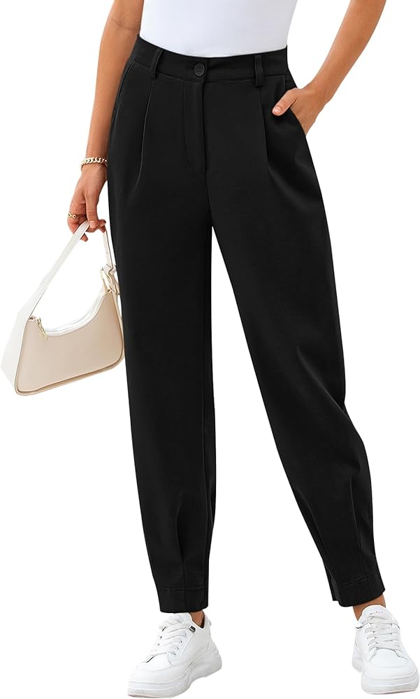 CFLONGE Women's Summer High Waisted Pants for Women 2024 Casual Ankle Length Pant for Work Office Trouser Slacks with Pockets