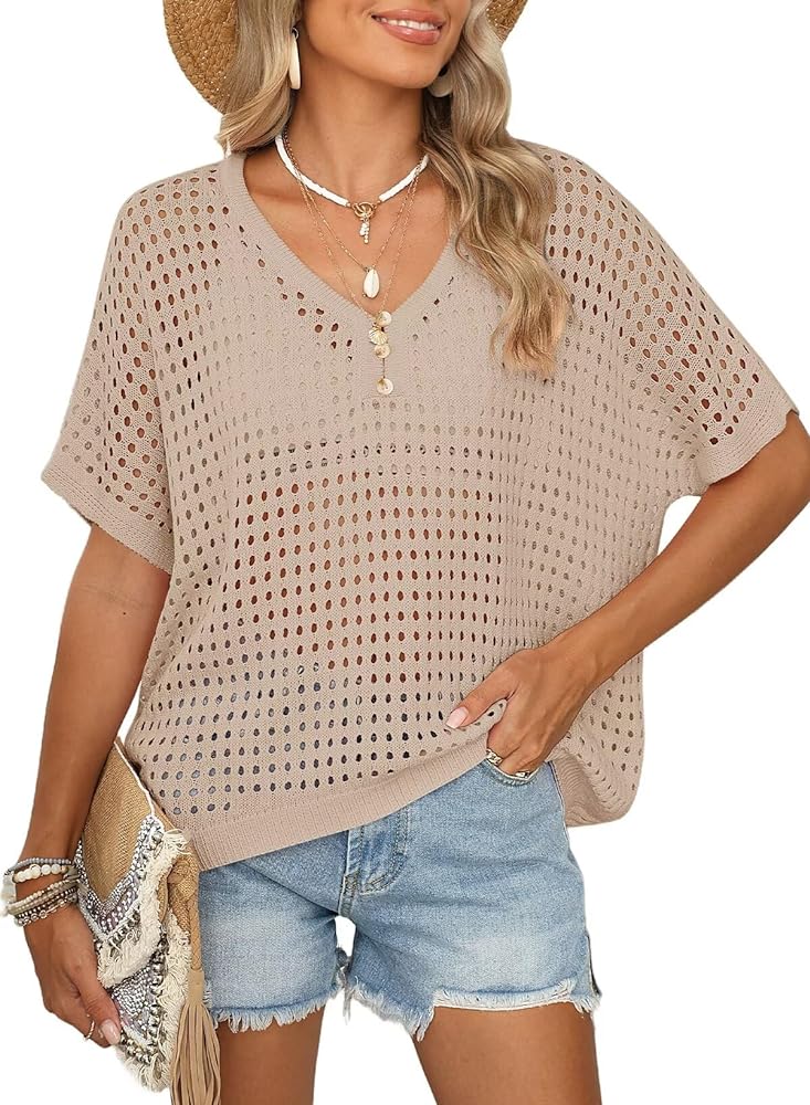 Dokotoo Womens Summer V Neck Short Sleeve Button Down Sweater Casual Crochet Hollow Out Knit Tops Beach Coverup