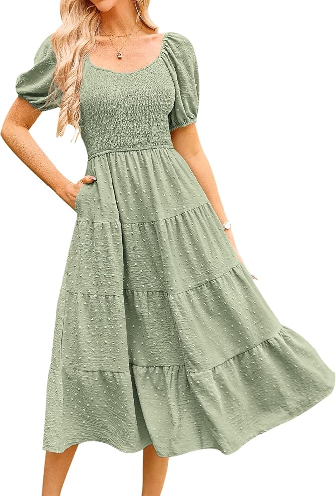 PRETTYGARDEN Women's Spring Dresses 2024 Puff Sleeve V Neck Swiss Dot High Waist Chiffon Dress Tiered Smocked Maxi Dresses