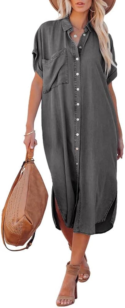 Dokotoo Womens 2024 Button-Down Short Sleeve Denim Cardigans Maxi Dresses with Side Split