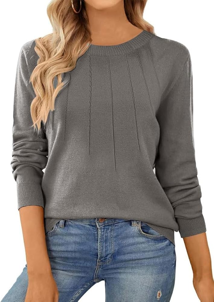 SHEWIN Womens Sweaters 2024 Casual Crewneck Long Sleeve Lightweight Knit Pullover Sweater Tops Fall Clothes