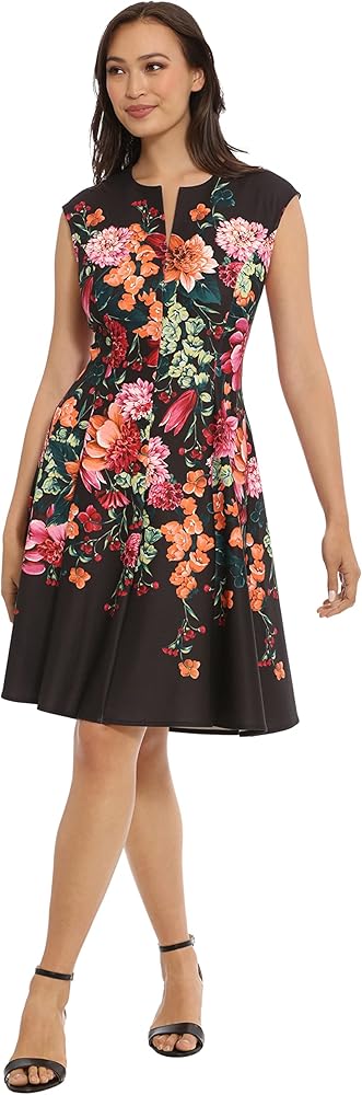 London Times Women's Feminine Floral Split Neck Flattering Fit and Flare Career Guest of Chic Polished