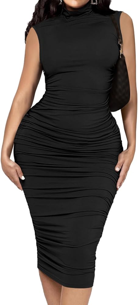 Ekaliy Women's Ruched Bodycon Midi Dress Sexy Mock Neck Sleeveless Pencil Dresses