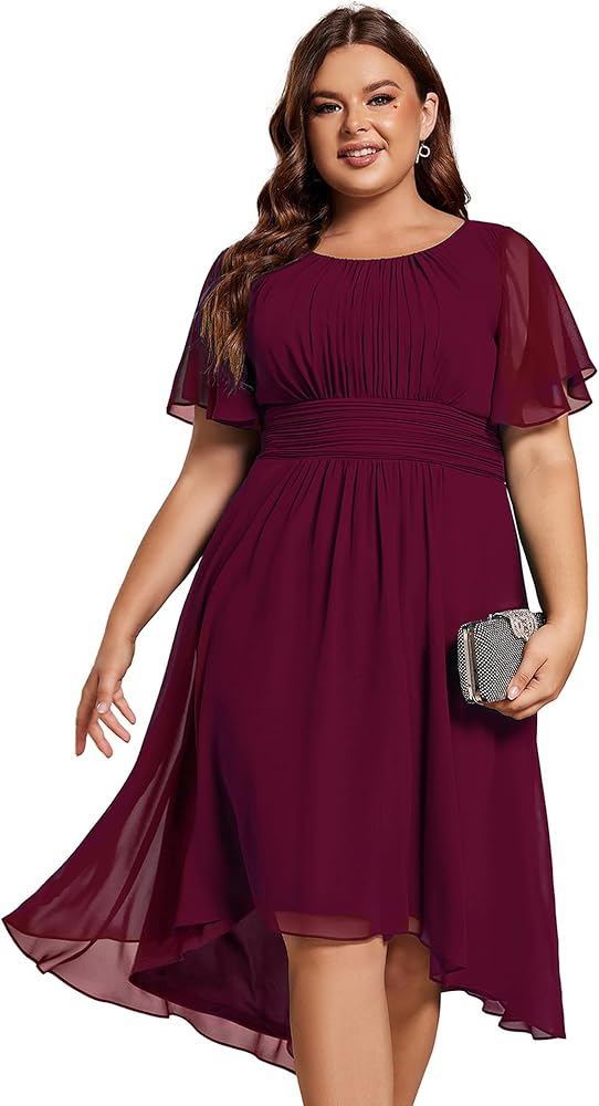 Ever-Pretty Women's A Line Curvy Crew Neck Short Sleeves Pleated Plus Size High Low Wedding Guest Dresses 02053-DA