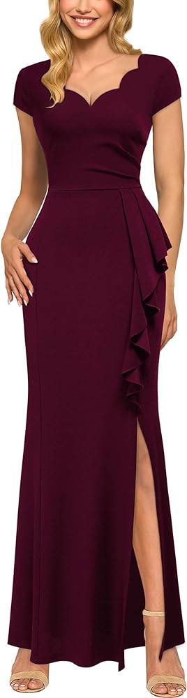 Miusol Women's Retro V Neck Elegant Ruched Split Style Formal Long Dress