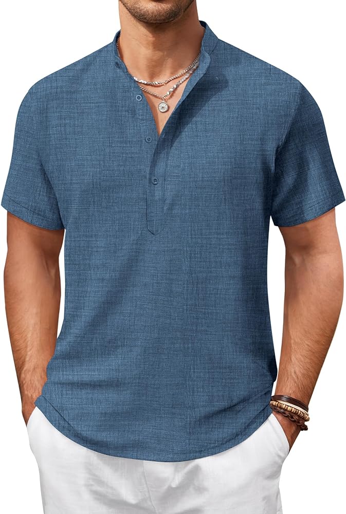 COOFANDY Men's Casual Henley Shirt Short Sleeve Summer Shirt Band Collar Summer Beach Hippie Shirts