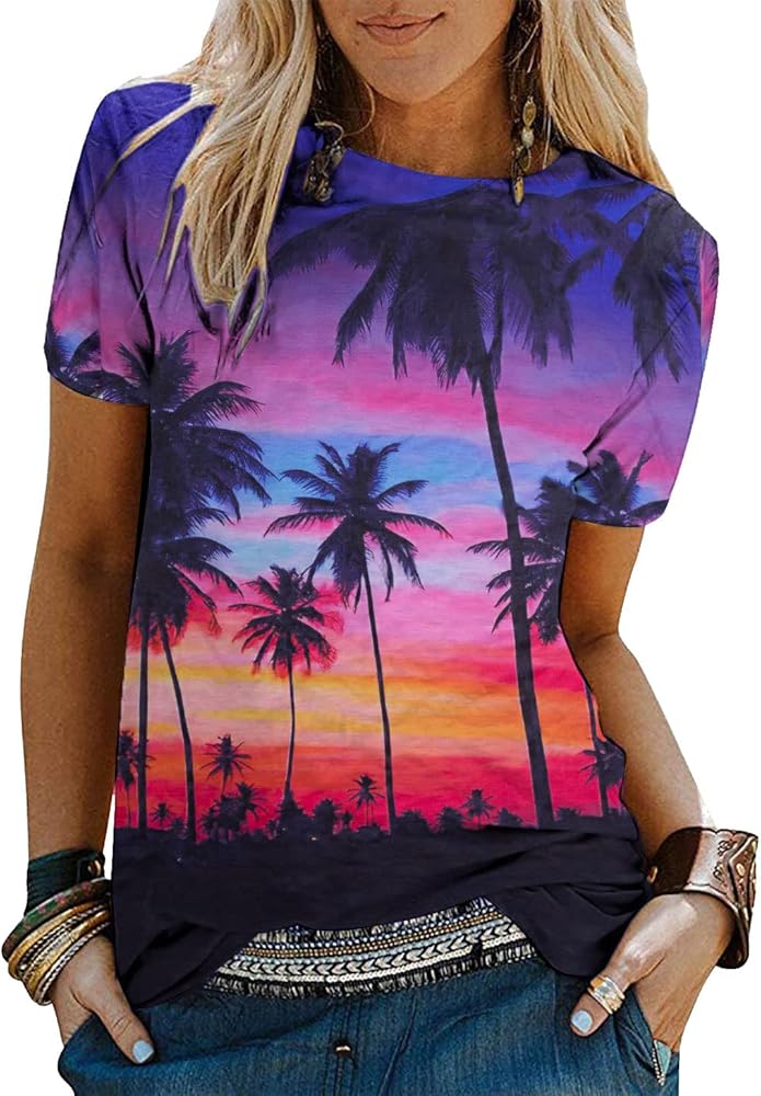 Womens Hawaiian Shirt Sunset Palm Tree Shirt Summer Beach Graphic T-Shirt Tropical Shirts Vacation Tee Tops