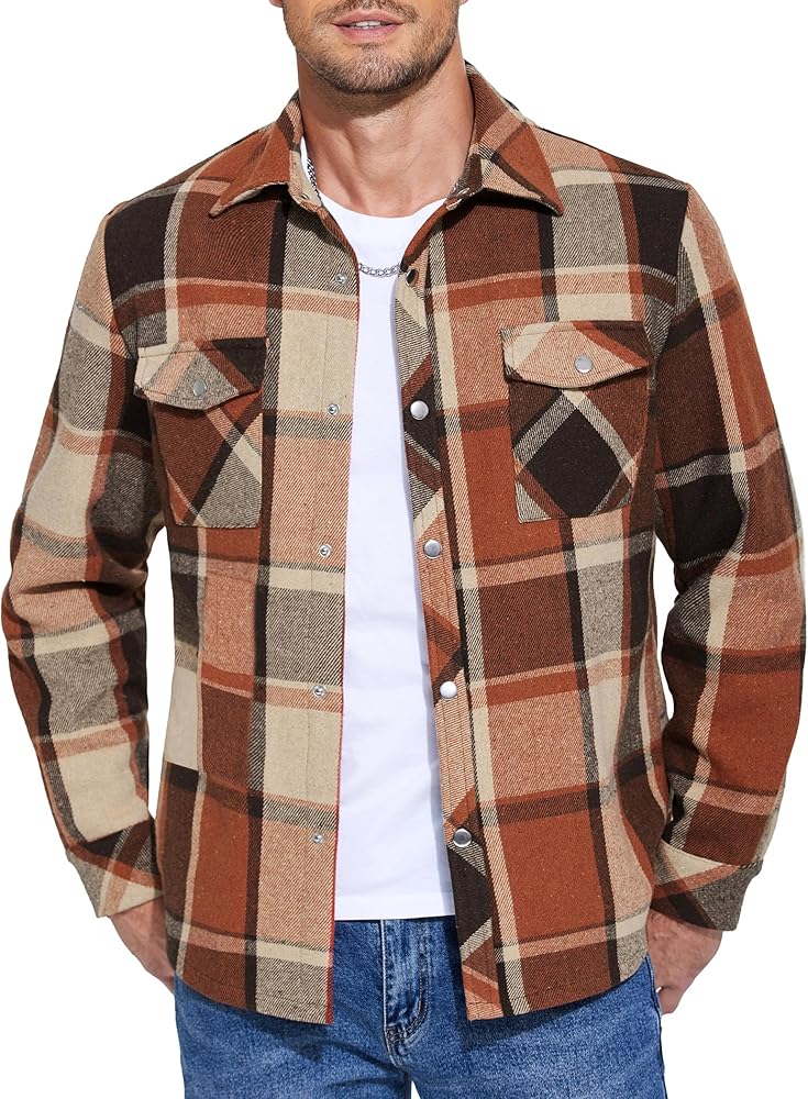 COOFANDY Mens Lightweight Flannel Jacket Casual Button Down Plaid Shirt Jackets Sherpa Lined Shacket With Pockets