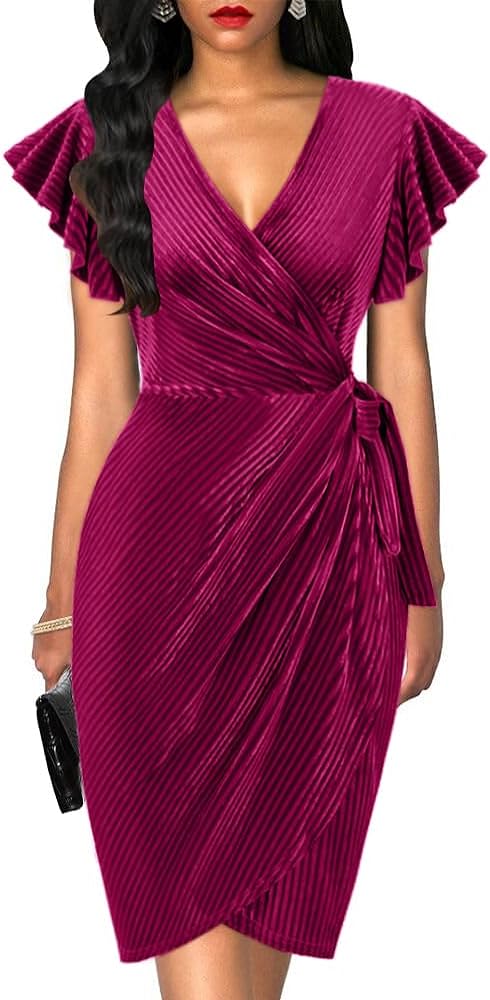 oten Womens Deep V Neck Ruffle Sleeve Velvet Sheath Cocktail Party Wedding Club Faux Wrap Dresses