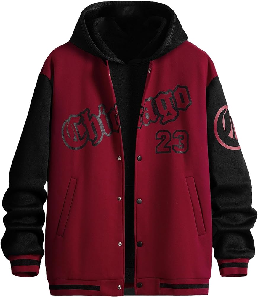 SOLY HUX Men's Varsity Jacket Letter Print Color Block Long Sleeve Baseball Jacket Bomber Coat