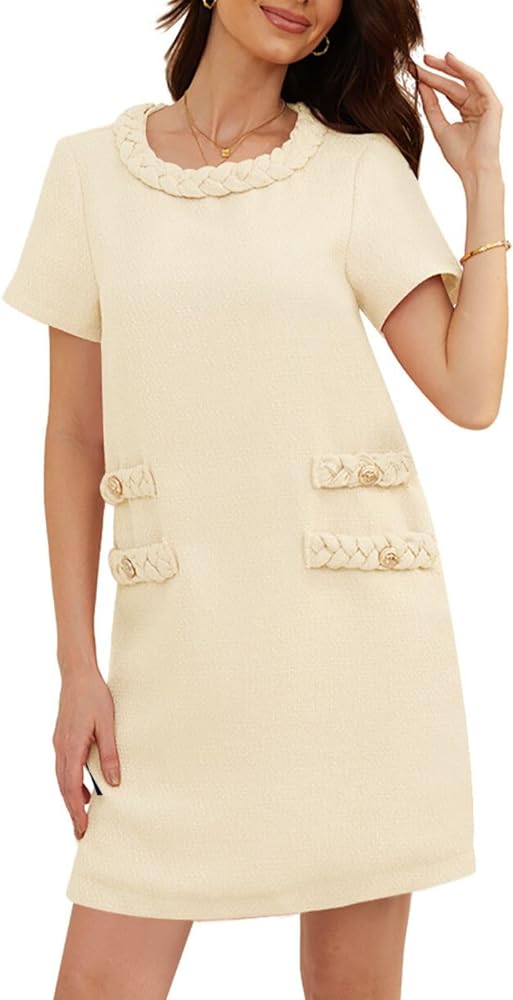 Women's Short Sleeve Crew Neck Tweed Dress A-line Button Part Elegant Mini Dresses