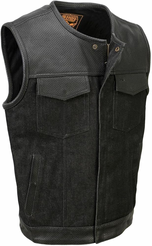 Milwaukee Leather MDM3008 Men's 'Brute' Black Perforated Leather and Denim Club Style Vest w/Hidden Dual Closure