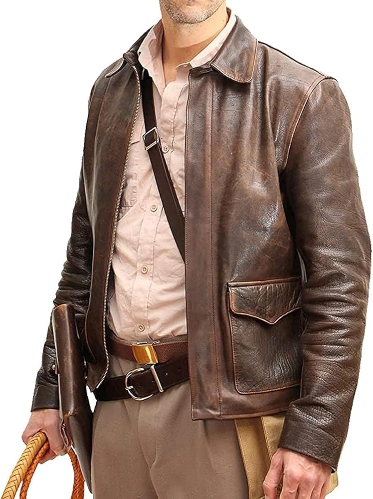 Men's Raiders of The Lost Ark Brown Leather jacket | Brown distressed Leather Jacket Harrison American Bomber Leather Coat