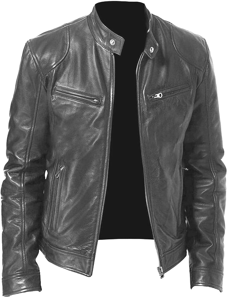 Men Faux Leather Zip Up Jacket Stand Collar Leather Motorcycle Jacket Lightweight Bomber Outwear PU Coat