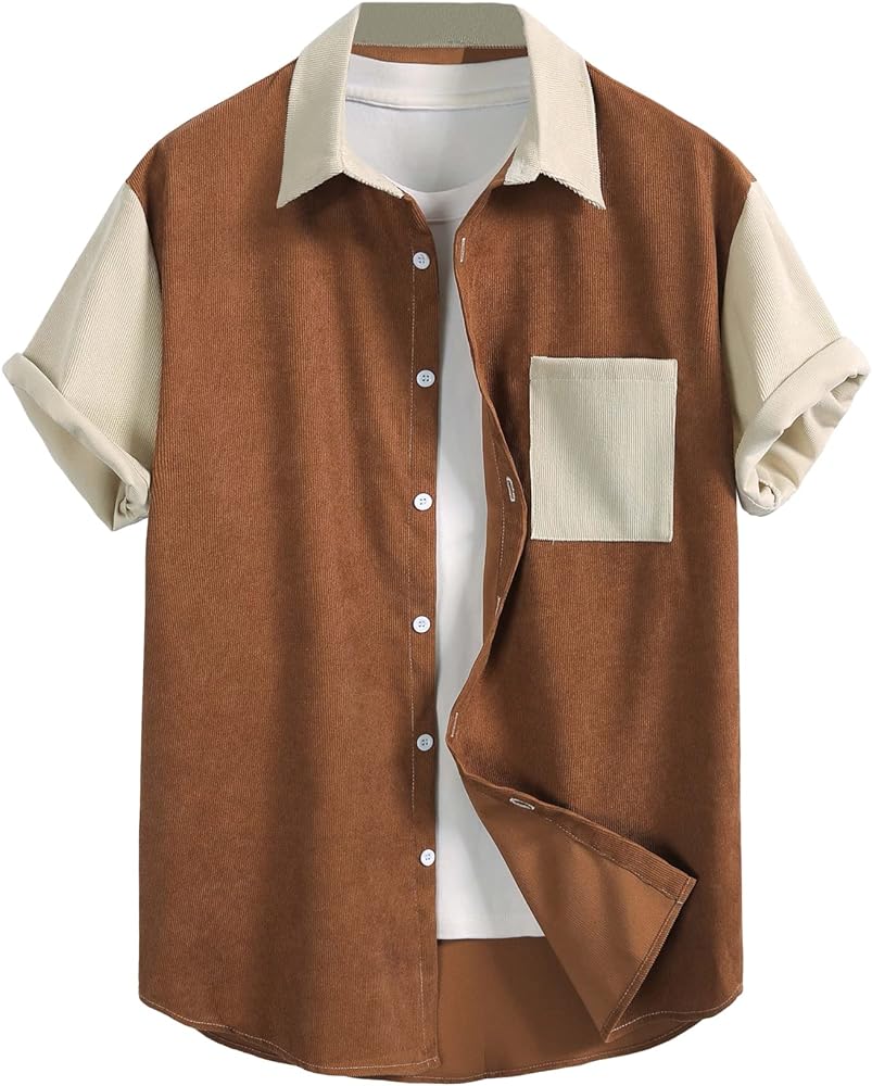 SOLY HUX Men's Short Sleeve Button Down Shirts Casual Dress Going Out Camp Tops Corduroy Brown M