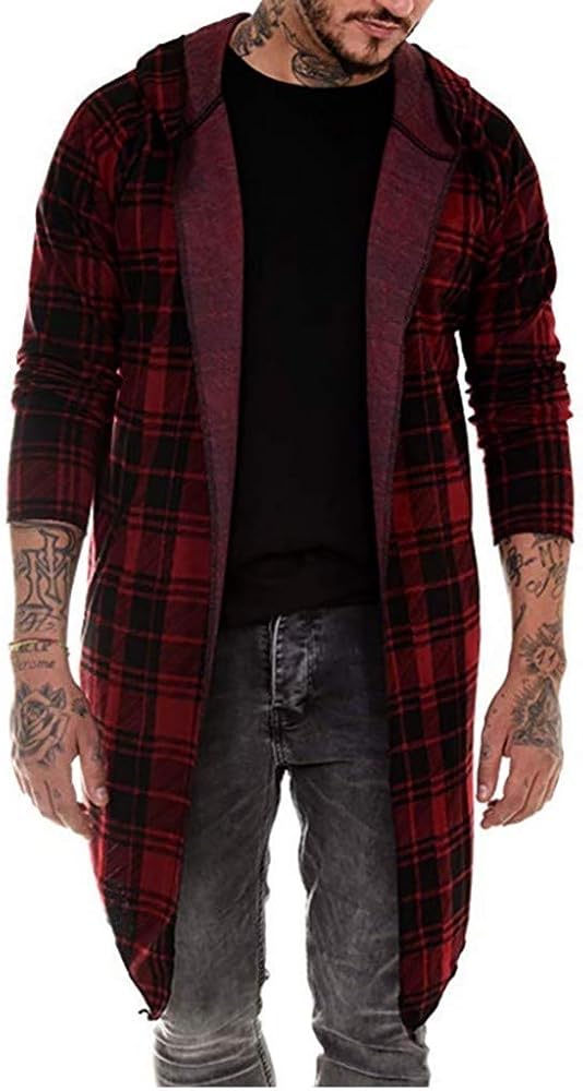 Men's Regular Fit Cardigan Longline Jacket Coat, Plaid Hooded Long Sleeve Pockets Outwear Blouse