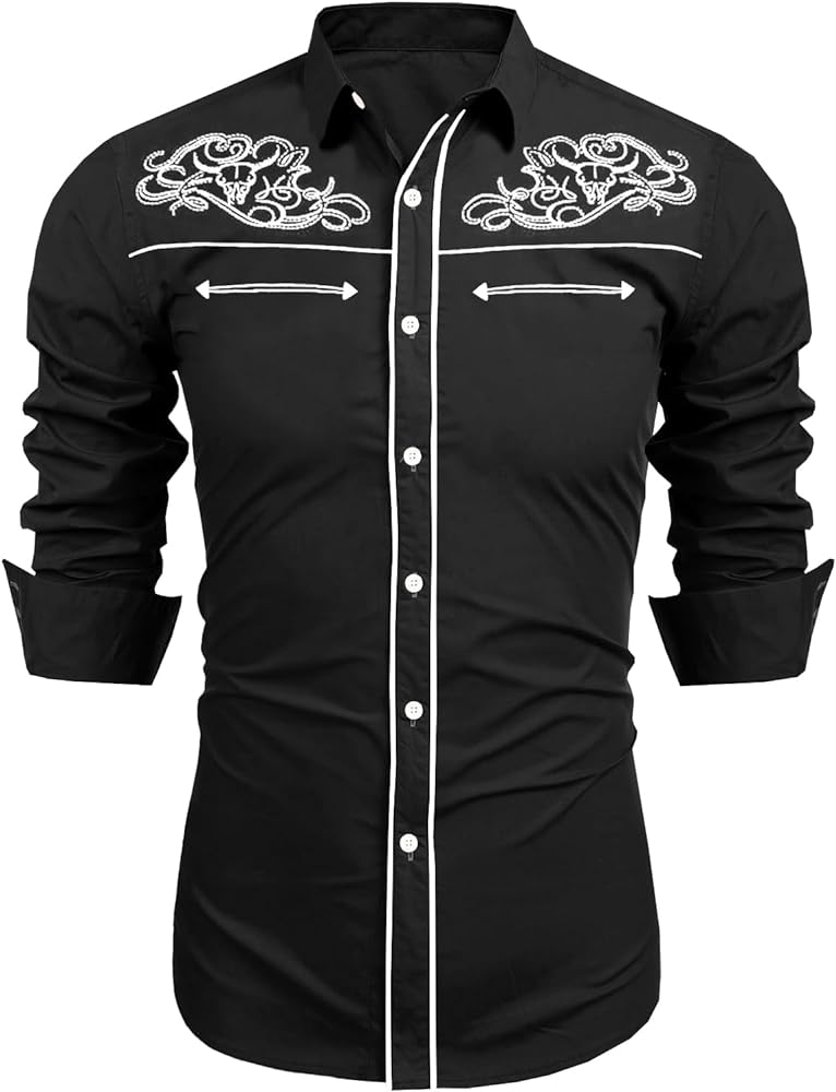 Runcati Mens Western Cowboy Shirt Button Down Long Sleeve Embroidered Casual Slim Fit Vintage Dress Shirts