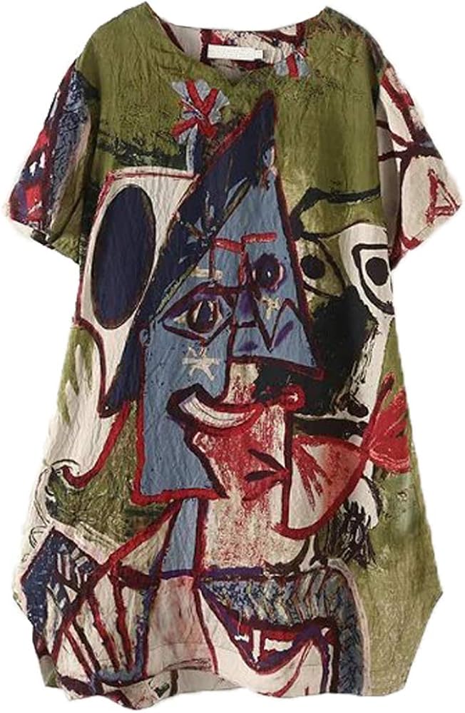 FTCayanz Women's Casual Midi Dresses Short Sleeve Loose Print T Shirt Dress with Pockets