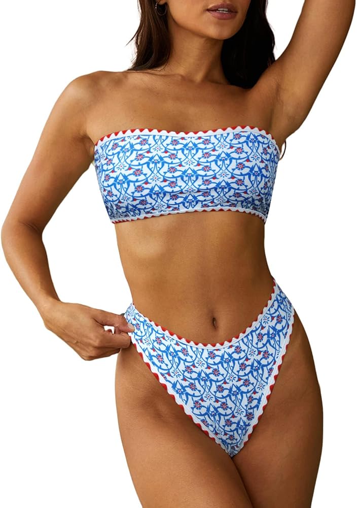 ZAFUL Women Strapless Wave Bandeau Bikini 2 Piece Swimwear Cheeky Solid Lace up Bathing Suits