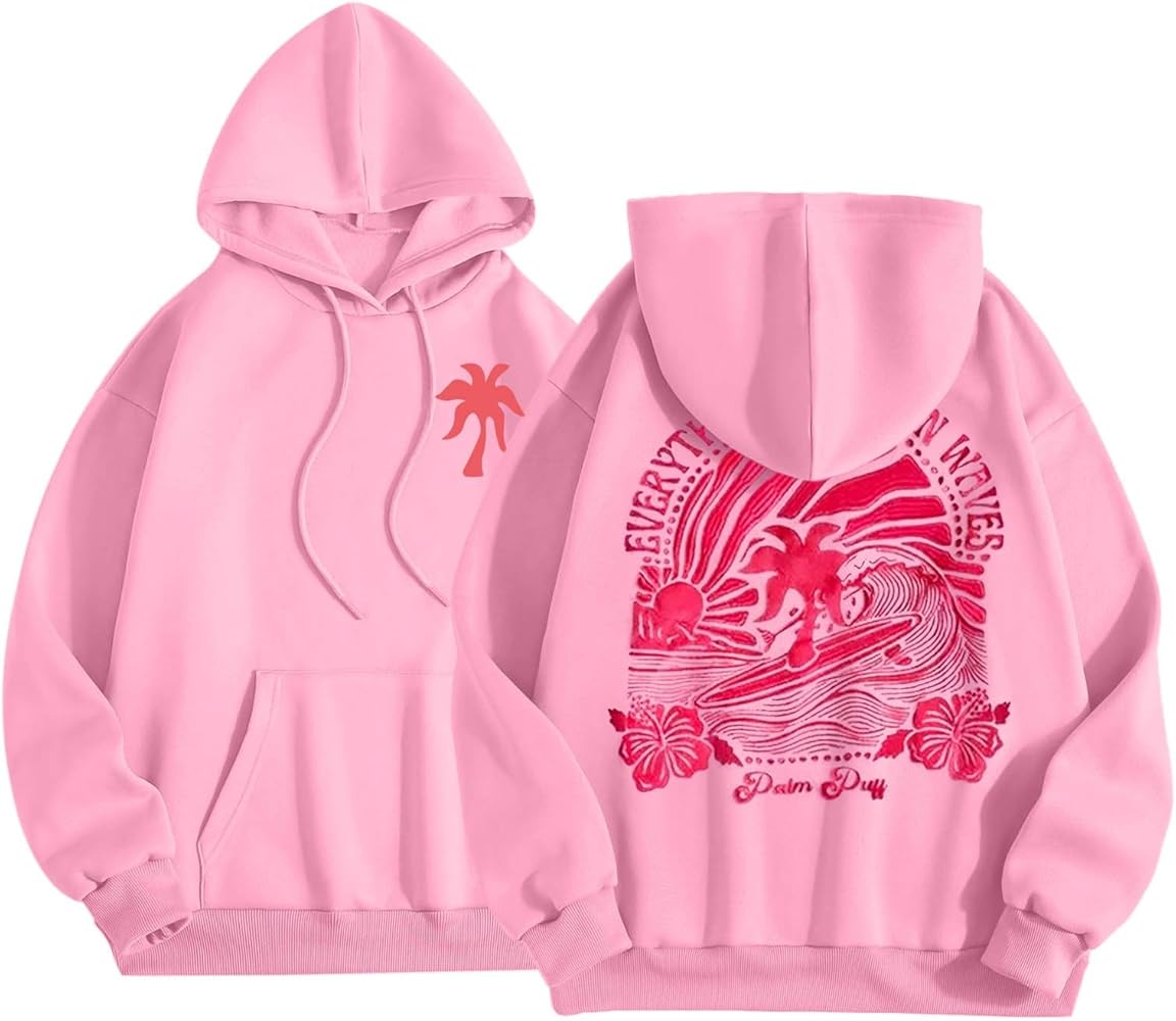 Pink Graphic Hoodie For Women 2024 Cute Preppy Sweatshirt Long Sleeve Drawstring Pullover Tops With Pockets