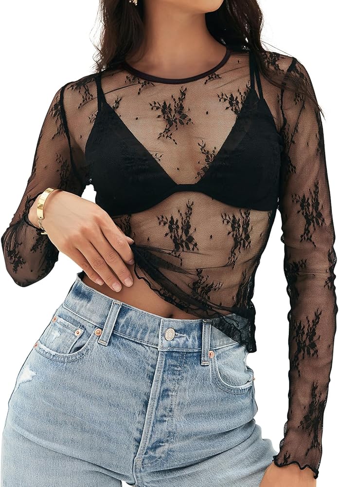 MEROKEETY 2024 Womens Lace Sheer Mesh Long Sleeve Top Crewneck Sexy Y2k See Through Blouse Shirts