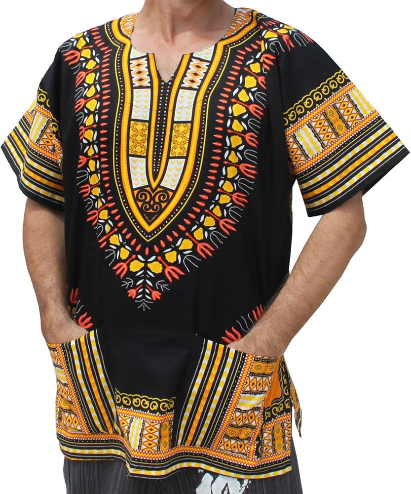 RaanPahMuang Brand Unisex Bright African Black Dashiki Cotton Shirt