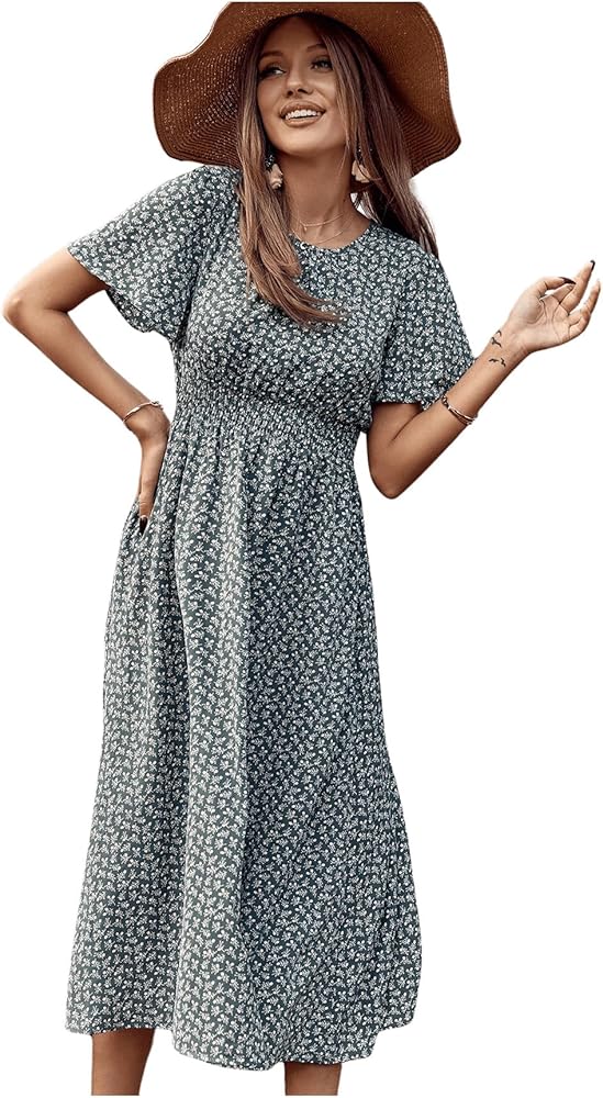 Floerns Women's Casual Floral Print Crewneck Short Sleeve A Line Boho Maxi Dress