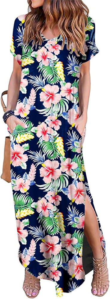 Women's Casual Loose Sundress Short Sleeve V Neck Long Dress Split Maxi Summer Beach Dress with Pockets