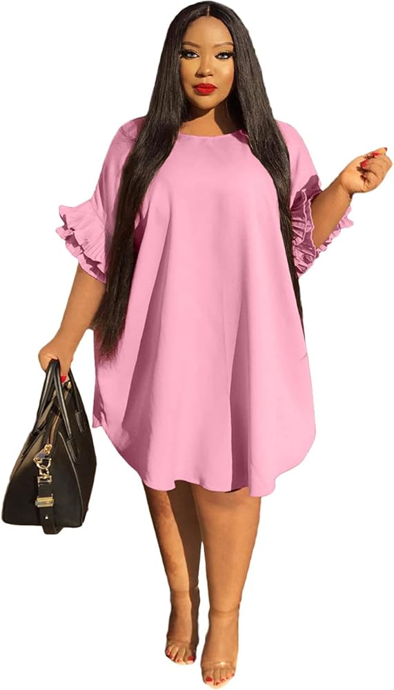 Ekaliy Women's Casual Vintage Ruffle Sleeve Loose Party Midi Plus Size Dress Casual Summer