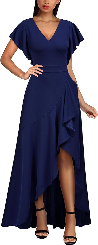 Miusol Women's Formal V Neck Ruffle Split Evening Party Long Dress