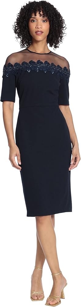 Maggy London Women's Mesh Yoke Pencil Skirt Dress with Applique Trim