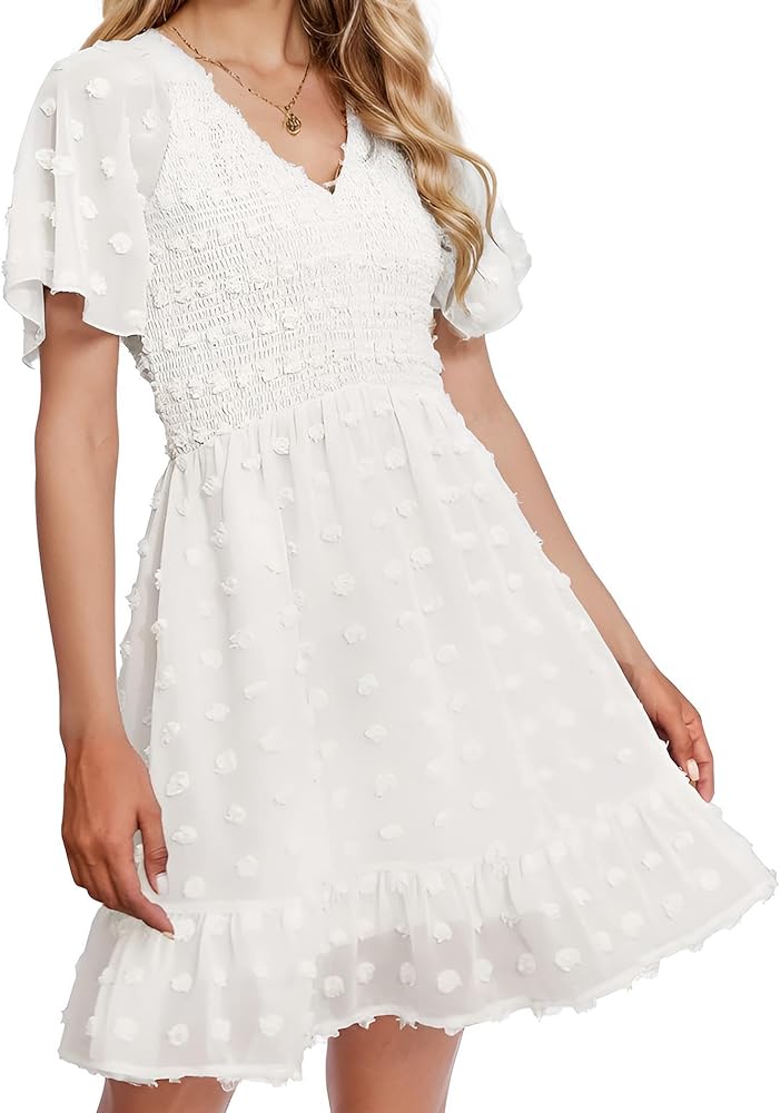 Smocked Dress Women Short Sleeve V Neck Ruffle Mini Sundresses Trendy Swiss Dot Dresses for Women 2024