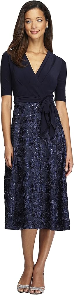 Alex Evenings Women's Tea Length Dress with Rosette Detail