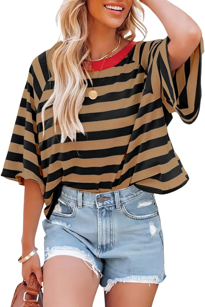 Dokotoo Tops for Women Striped 2024 Fashion T Shirts for Women Color Blocking Design Loose Basic Tee